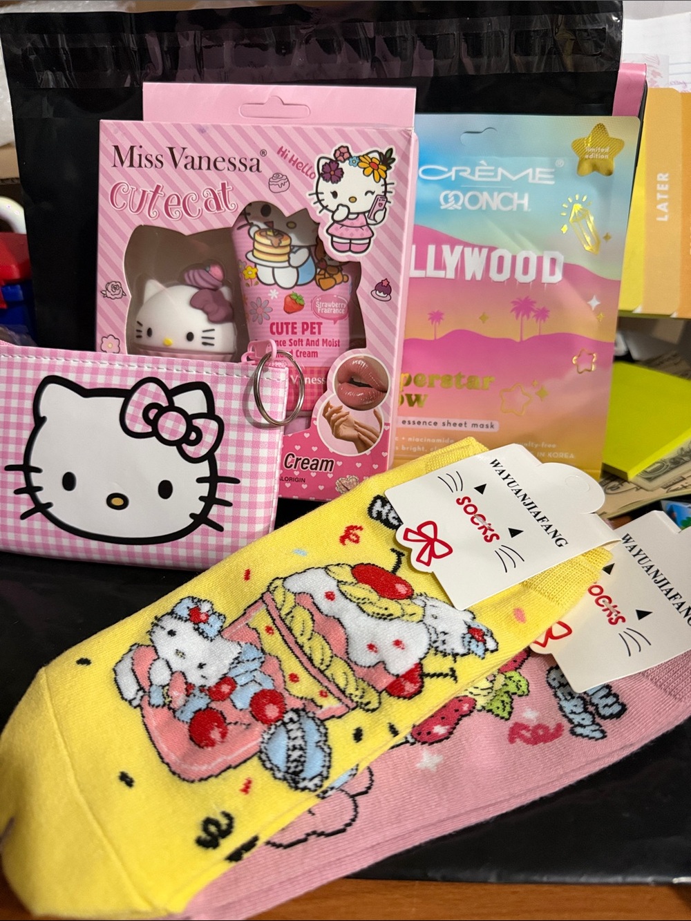 Hello Kitty Pink Wallet & Novelty Socks Set, Face Mask & Lip n Lotion Set